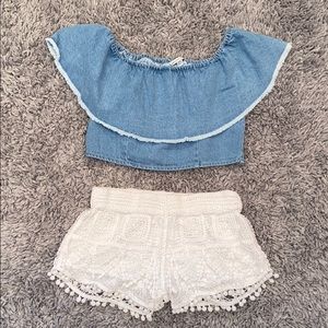 AEO Denim shirt and white shorts